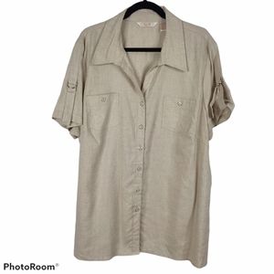 *Zoe D. Button Down Linen Short Sleeve Blouse 2X Safari Military Vacation